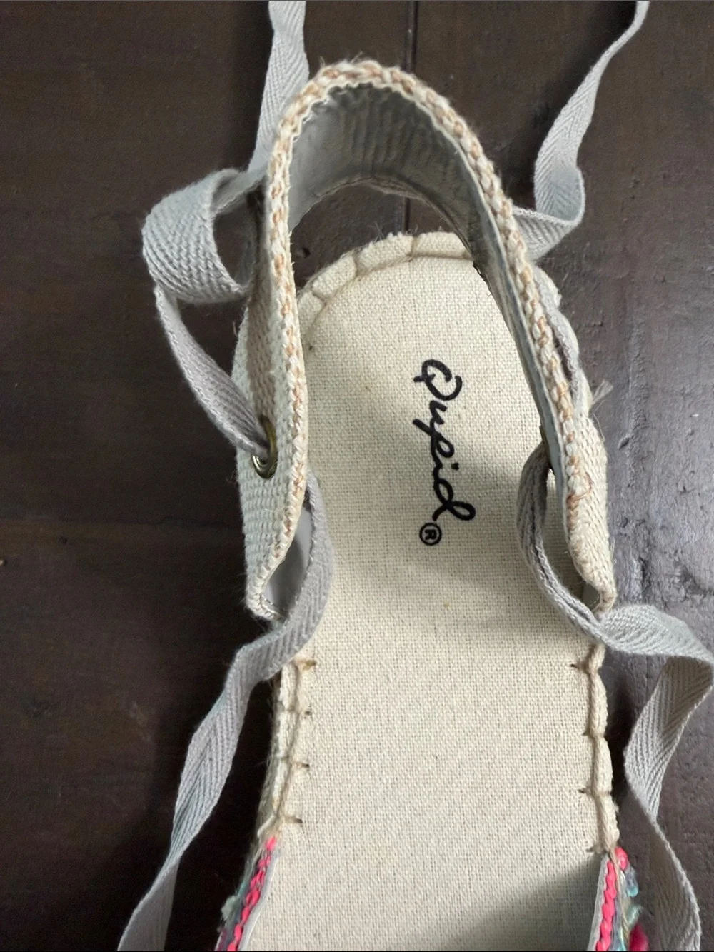 Qupid Light Gray Espadrille Flats with Pink & Aqua Trim